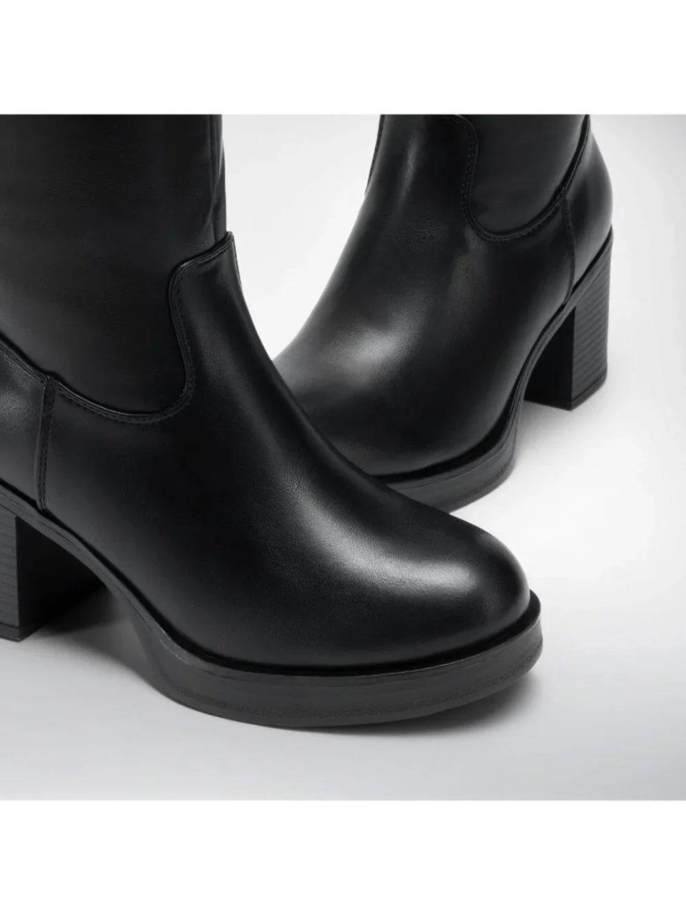 Women's Brown Block Heel Round Toe Faux Leather Side Zipper Knee High Boots